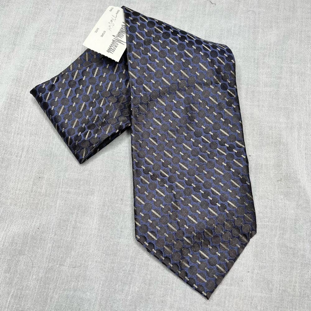 Donna Karen Signature Blue and Black Dots and Stripes Necktie NWT